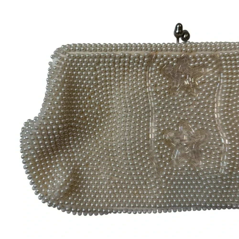 Vintage 1960 Bon Soir‎ Italian Pearl Cream Clutch Purse Beads Silk Wedding B72Q